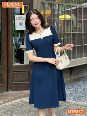 Đầm cổ phối tròn viền ngọc dáng chữ A MT9337 2