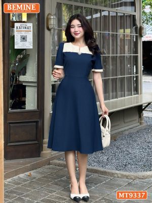 Đầm cổ phối tròn viền ngọc dáng chữ A MT9337