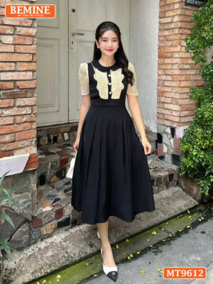 Đầm thiết kế BEMINE cổ sen dáng chữ A ngực phối bèo MT9612
