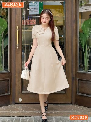 Đầm thiết kế cổ V đính nơ ngắn tay tùng xoè MT8829