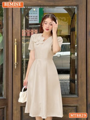 Đầm thiết kế cổ V đính nơ ngắn tay tùng xoè MT8829 2