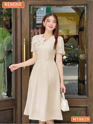 Đầm thiết kế cổ V đính nơ ngắn tay tùng xoè MT8829 3