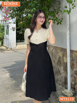 Đầm thiết kế cổ V phối lưới eo đính ngọc dáng xếp ly MT9133