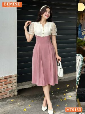Đầm thiết kế cổ V phối lưới eo đính ngọc dáng xếp ly MT9133 37