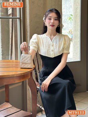 Đầm thiết kế cổ V phối lưới eo đính ngọc dáng xếp ly MT9133 40