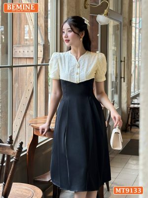 Đầm Thiết Kế BEMINE Đầm Cổ V Dáng Xếp Ly MT9133 Phối Lưới Eo Đính Ngọc 39