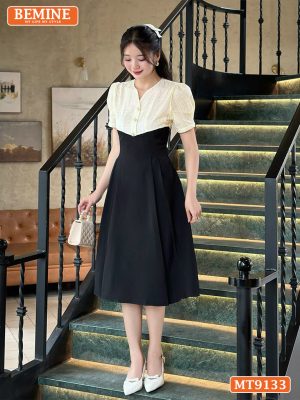 Đầm thiết kế cổ V phối lưới eo đính ngọc dáng xếp ly MT9133 38