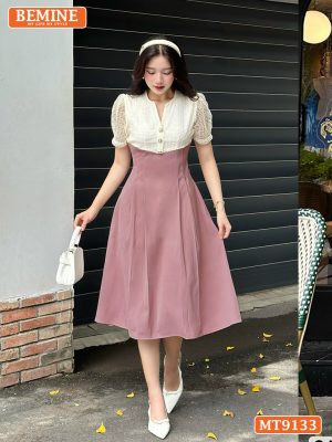 Đầm thiết kế cổ V phối lưới eo đính ngọc dáng xếp ly MT9133 35