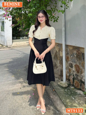 Đầm thiết kế cổ V phối lưới eo đính ngọc dáng xếp ly MT9133 1