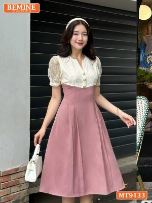 Đầm Thiết Kế BEMINE Đầm Cổ V Dáng Xếp Ly MT9133 Phối Lưới Eo Đính Ngọc
