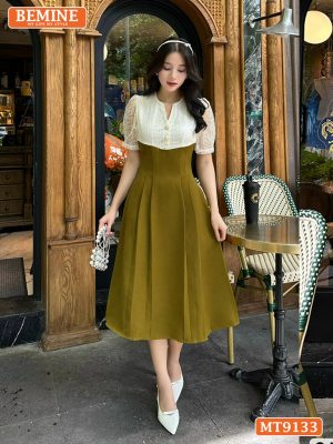 Đầm thiết kế cổ V phối lưới eo đính ngọc dáng xếp ly MT9133 30