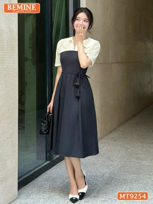 Đầm thiết kế cổ kiểu xếp ly eo đính dây hoa MT9254