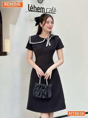Đầm thiết kế cổ nơ phối viền ngắn tay tùng chữ A MT8836 8