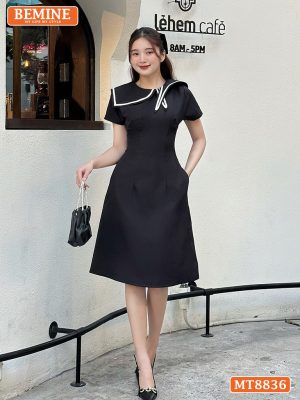 Đầm thiết kế cổ nơ phối viền ngắn tay tùng chữ A MT8836 7