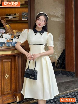 Đầm thiết kế cổ phối khoét vai tay phồng dáng dài MT9317