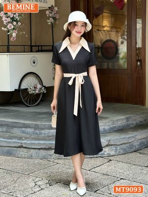 Đầm thiết kế cổ phối V dây nơ eo dáng xòe MT9093 5