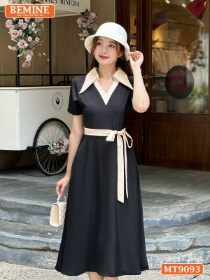 Đầm thiết kế cổ phối V dây nơ eo dáng xòe MT9093 6