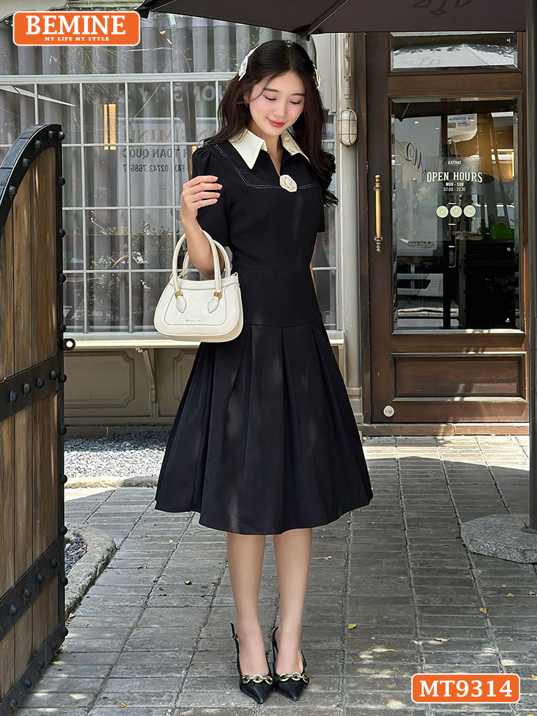 Đầm thiết kế cổ phối xẻ V đính hoa dáng xòe xếp ly MT9314 3