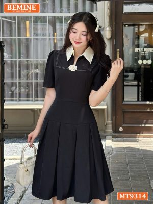 Đầm thiết kế cổ phối xẻ V đính hoa dáng xòe xếp ly MT9314 3