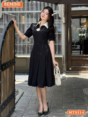 Đầm thiết kế cổ phối xẻ V đính hoa dáng xòe xếp ly MT9314