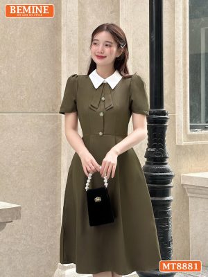 Đầm thiết kế cổ sen đính nơ tay ngắn dáng xoè MT8881 2