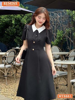 Đầm thiết kế BEMINE cổ sen đính nơ dáng xoè MT8881