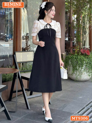 Đầm thiết kế cổ sen đính nơ tơ hoa nổi dáng chữ A MT9306