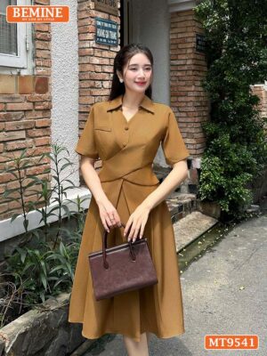 Đầm thiết kế cổ sơ mi dáng dài vạt chéo tùng xếp ly MT9541