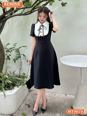 Đầm thiết kế cổ sơ mi đính nơ dáng xếp ly MT9070 2