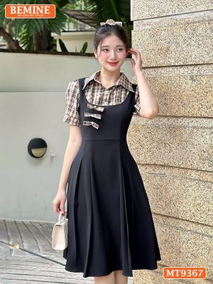 Đầm thiết kế cổ sơ mi giả yếm ngực đính nơ MT9367 2