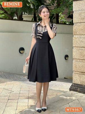 Đầm thiết kế cổ sơ mi giả yếm ngực đính nơ MT9367 1