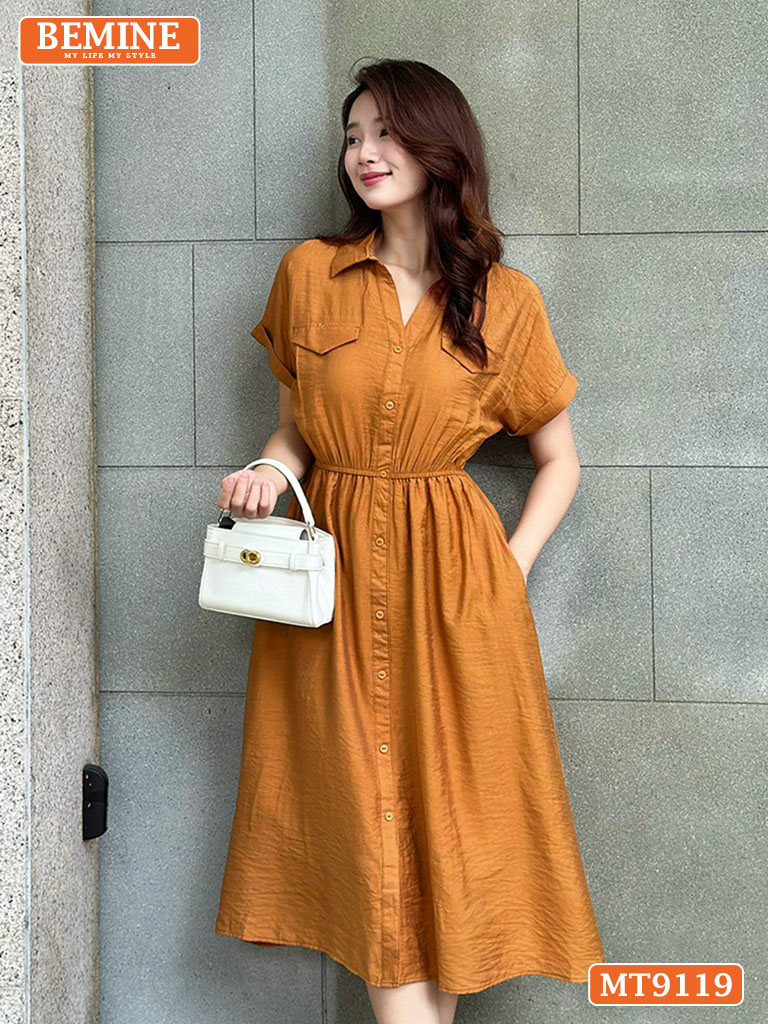 Cách tạo ấn tượng với trang phục thông minh cho phụ nữ công sở Đầm thiết kế cổ sơ mi nhún eo dáng chữ A MT9119