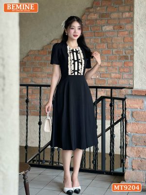 Đầm thiết kế cổ tròn phối ren đính nơ dáng chữ A MT9204