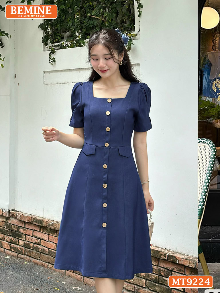 Đầm cổ vuông tay phồng đính nút dáng xòe MT9224