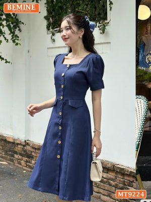 Đầm thiết kế cổ vuông tay phồng đính nút dáng xòe MT9224 2