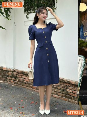 Đầm thiết kế cổ vuông tay phồng đính nút dáng xòe MT9224 1