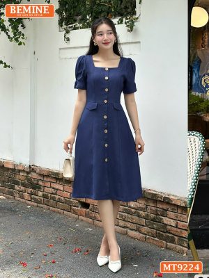 Đầm thiết kế cổ vuông tay phồng đính nút dáng xòe MT9224 3