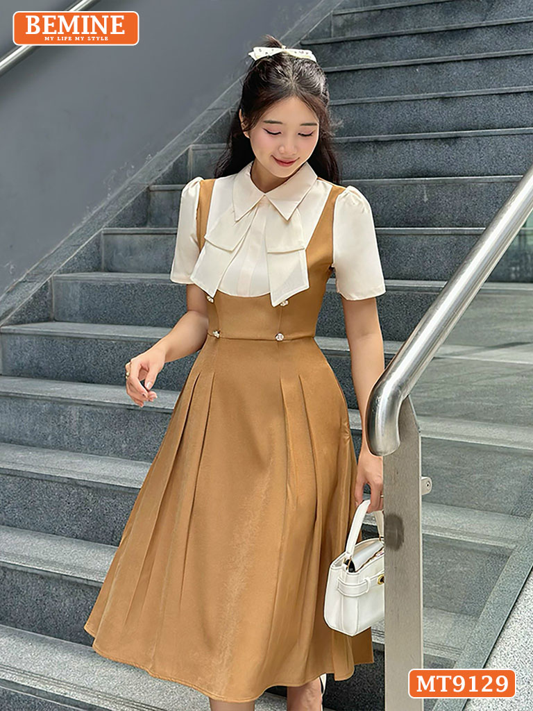 Đầm thiết kế giả yếm cổ phối đính nơ dáng xếp ly MT9129 3