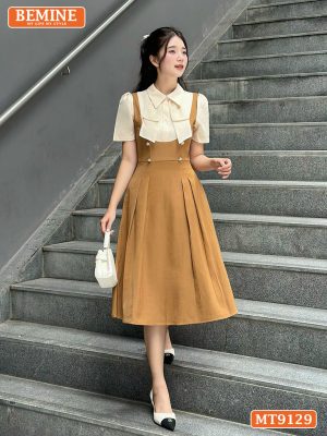 Đầm thiết kế giả yếm cổ phối đính nơ dáng xếp ly MT9129 2