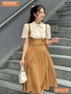 Đầm thiết kế giả yếm cổ phối đính nơ dáng xếp ly MT9129 1