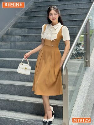 Đầm thiết kế giả yếm cổ phối đính nơ dáng xếp ly MT9129