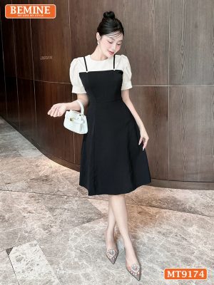 Đầm thiết kế giả yếm có thắt lưng dáng xòe MT9174