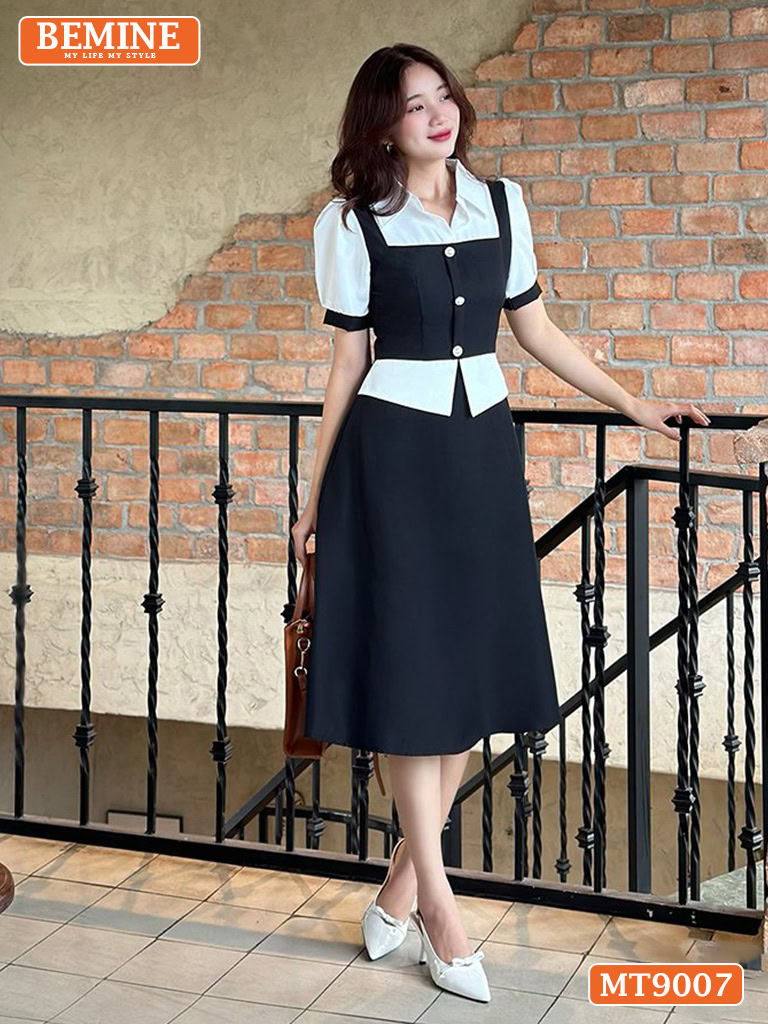Cách phối đồ Layer cho mùa thu thêm phong cách và ấm áp Đầm thiết kế giả yếm tay phồng dáng xoè MT9007 3