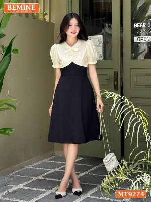 Đầm thiết kế phối lưới cổ đính nút dáng xòe MT9274 1