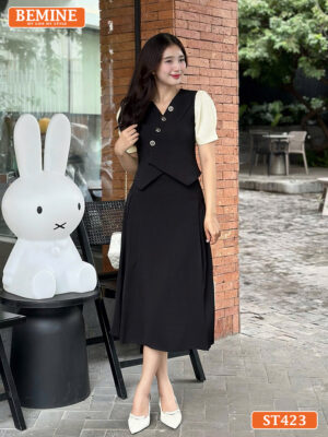 Set áo cổ V đính nút tay phồng chân váy xếp ly ST423 3