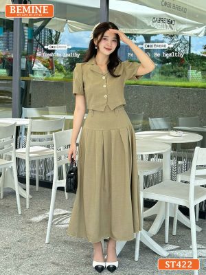 Set áo croptop có cúc chân váy dáng dài xếp ly ST422 xanh 1