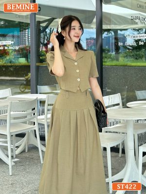 Set áo croptop có cúc chân váy dáng dài xếp ly ST422 xanh3