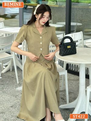 Set áo croptop có cúc chân váy dáng dài xếp ly ST422 xanh 4