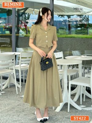 BEMINE Set áo croptop chân váy dài xếp ly ST422