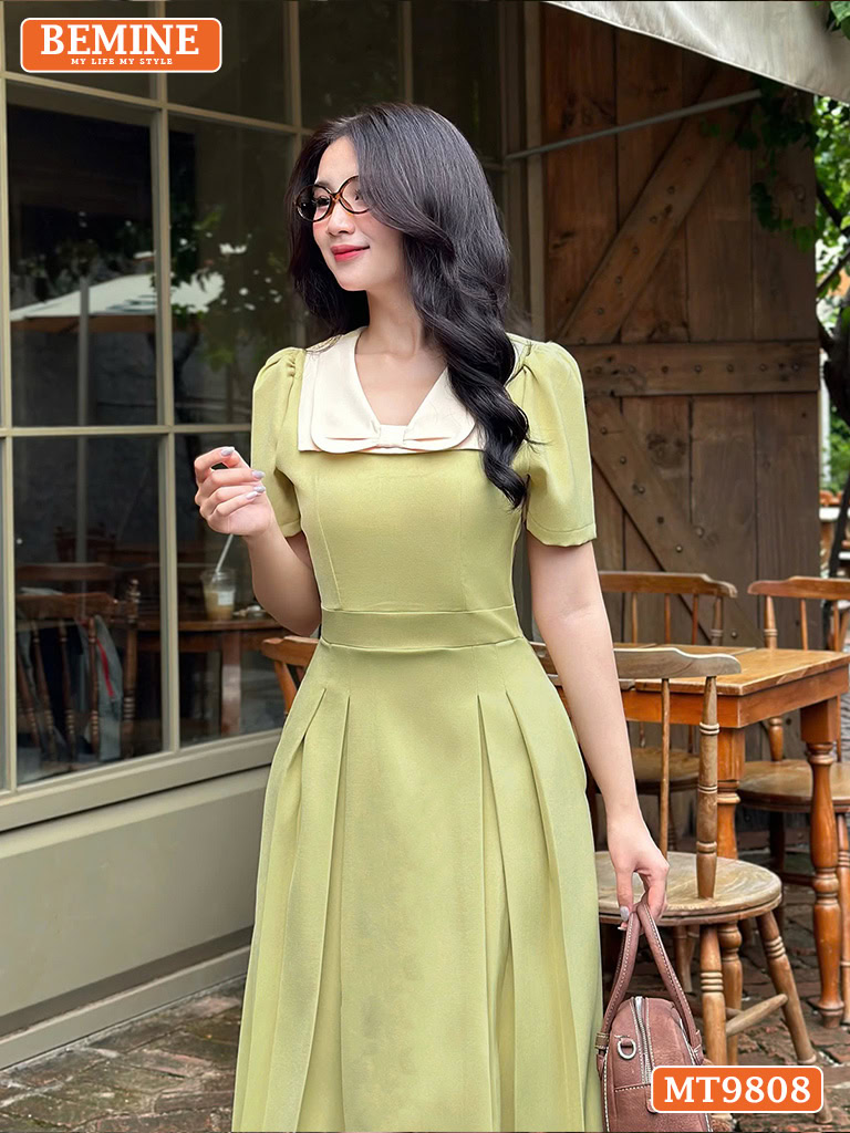 Đầm thiết kế BEMINE cổ phối nơ dáng xòe dài MT9808 2